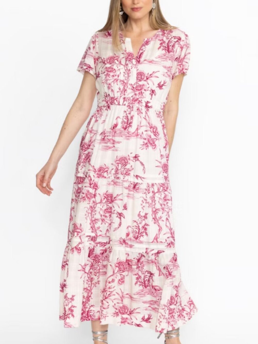 Johnny Was Pink White Firebird Pintuck Tiered Maxi Dress Cotton Xl